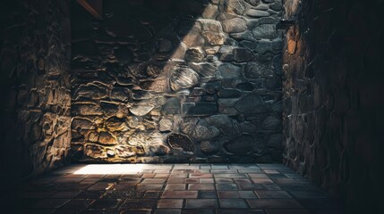 Sunlight streams into a rustic stone room with a tiled floor, casting intricate shadows and highlighting the texture of the stones.