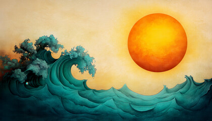 A vibrant illustration of waves and a sun against a serene backdrop, evoking a sense of peace and harmony in nature.