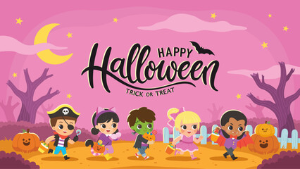 Children dressed in Halloween costumes to go Trick or Treating. Halloween costume kids in spooky holiday. Template for advertising brochure.