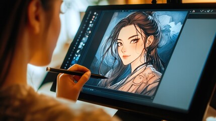 A digital art student practicing anime character designs on a graphic tablet