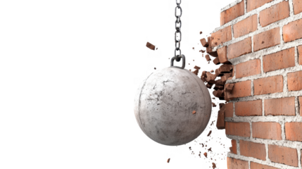 Destructive power of a wrecking ball crashing through a brick wall cut out transparent isolated on white background PNG