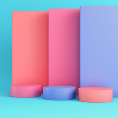Cylindrical podium with panels on bright blue background in pastel colors