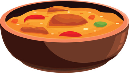 Ceramic bowl is filled with a vibrant chicken curry, complete with chunks of chicken and colorful spices