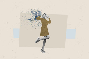 Composite photo collage of happy girl dance weekend party listen music headphones occasion event...