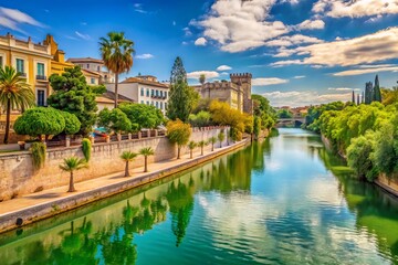 Fototapeta premium A photo image of a serene riverbank along the Guadalquivir River in Seville, Spain, with lush greenery and ancient stone walls.