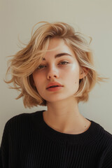 Naklejka premium Portrait of a Young Woman with Short Blonde Hair and Black Sweater Against a Neutral Background