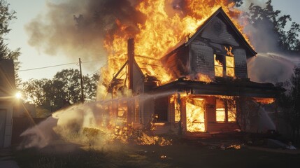 Fototapeta premium A house consumed by fierce flames with firefighters battling the intense blaze in a dramatic and chaotic scene.