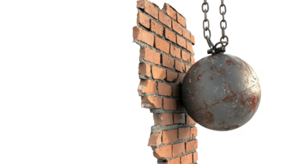 Destructive force breaking through an old brick wall, cut out transparent isolated on white background PNG