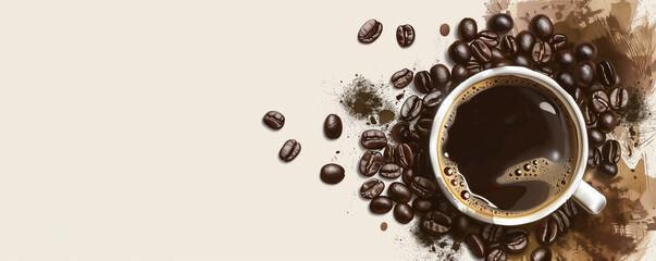 Obraz premium Cup of Black Coffee Surrounded by Scattered Coffee Beans on Artistic Coffee Stained Background
