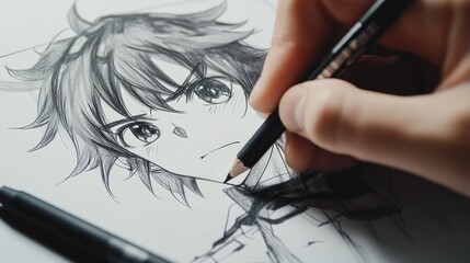 Close-up of a hand sketching an anime character on paper