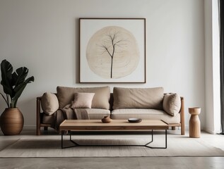 Minimalist Living Room with Tan Sofa, Wooden Coffee Table, and Framed Art