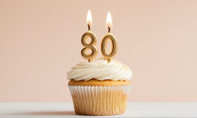 Vanilla cupcake with gold number eighty candles burning