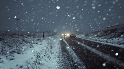 Snowy Night Road with Cars Driving in Heavy Snowfall and Low Visibility