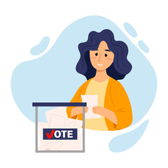 Voting. A young woman gives her vote in the election. Election campaign. A woman at the voting. A conceptual illustration in a flat style.