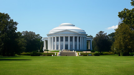 white circular building with large columns and a dome on top, centered in the frame and surrounded by green grass