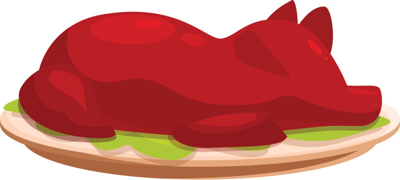 Whole roasted pig lying on serving tray with garnish, traditional festive food