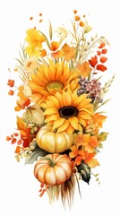 Watercolor Autumn Harvest Composition: Vintage-Style Pumpkins and Sunflowers for Thanksgiving and Halloween. Elegant Seasonal Illustration with Copy Space for Greeting Cards, Cultural Celebrations, an