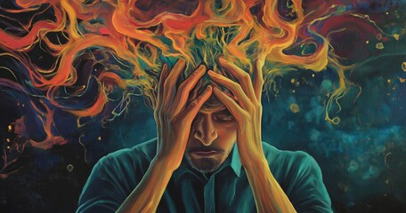 An illustration of a man with Obsessive-Compulsive Disorder (OCD), depicting the struggles and repetitive behaviors associated with the condition