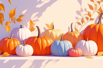 Autumn-Themed Display of Various Colored Pumpkins with Fall Leaves in White Background Light