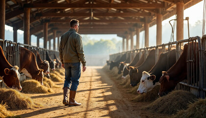 Farmer feeding cows on a rural farm with a barn and pasture in the background.






