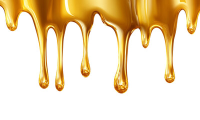 Golden, dripping amber oil or honey, isolated on a white background