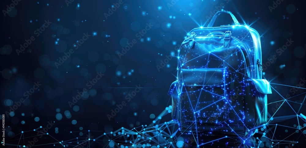 Aufkleber digital futuristic backpack with glowing light effects and network lines on a dark abstract backgrou