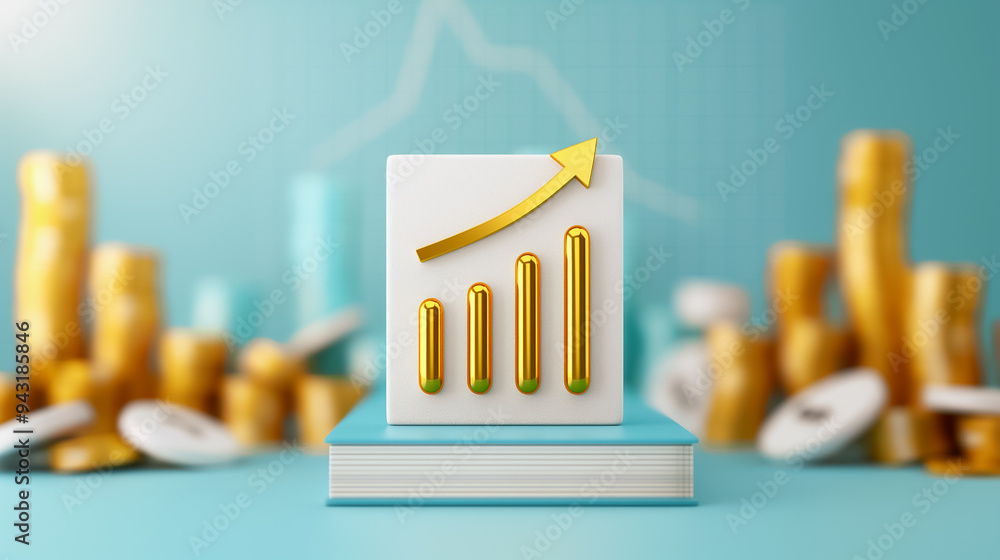 Poster a golden bar graph with an upward arrow is displayed against a turquoise backdrop, while stacks of c