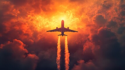 A wide-angle shot of an airplane in mid-takeoff, with the jet stream and smoke trailing behind, set against a colorful sunrise or sunset.