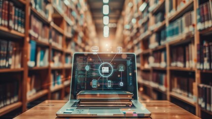 Laptop, Book Stack, Digital Network Icons in Blurry Library Online Education, E-Learning Concept