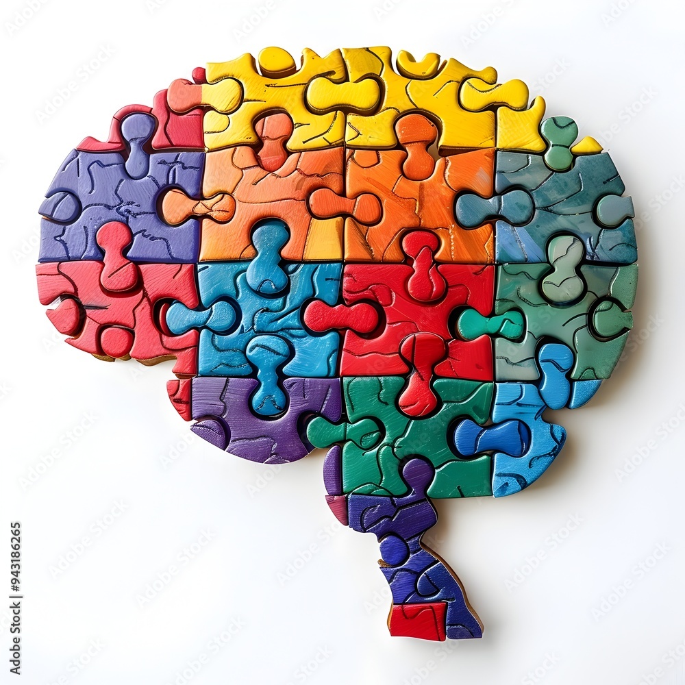 Poster vibrant puzzle pieces forming a colorful brain symbolizing complexity and unity of the mind