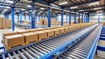 Fototapeta premium In the warehouse, a smooth-moving roller conveyor system transports boxes efficiently along the floor, streamlining storage and retrieval processes for maximum productivity.