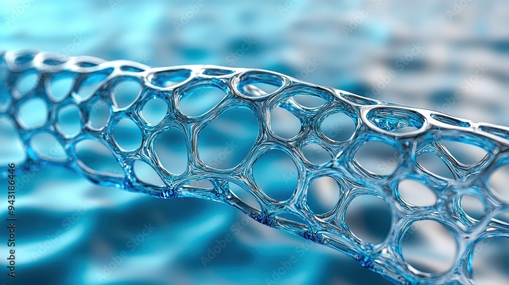 Poster close-up of a delicate water bubble texture, showcasing intricate web-like patterns and vibrant blue