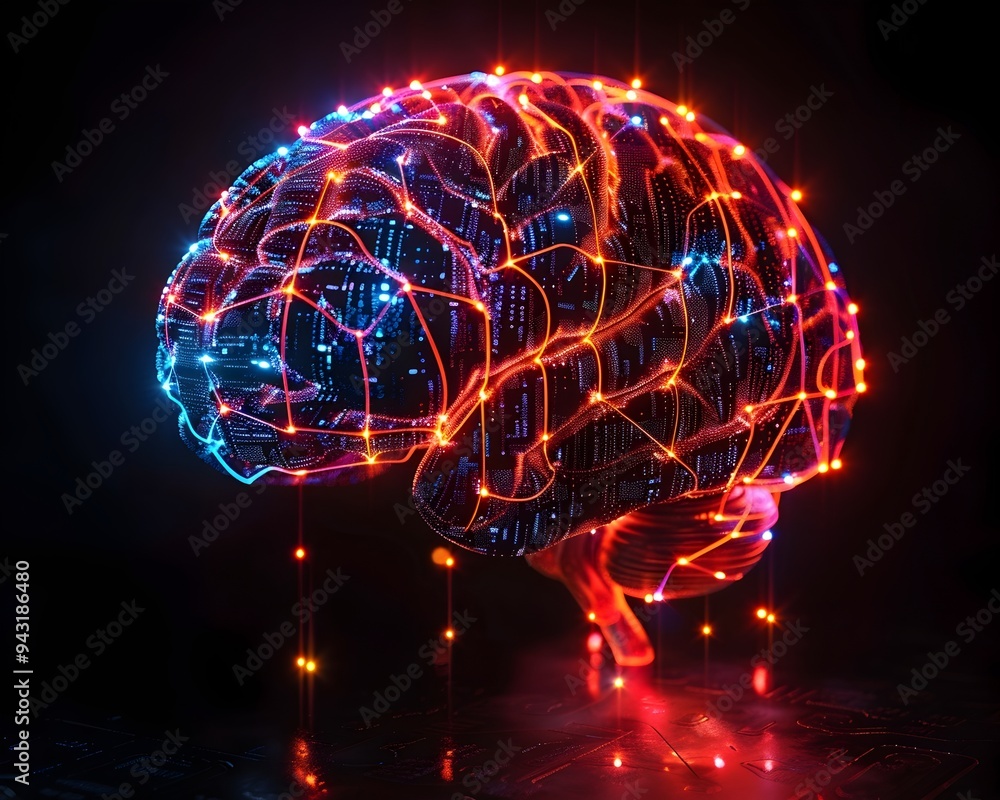 Poster glowing digital brain with neon neural circuits depicting interconnected cognitive processes