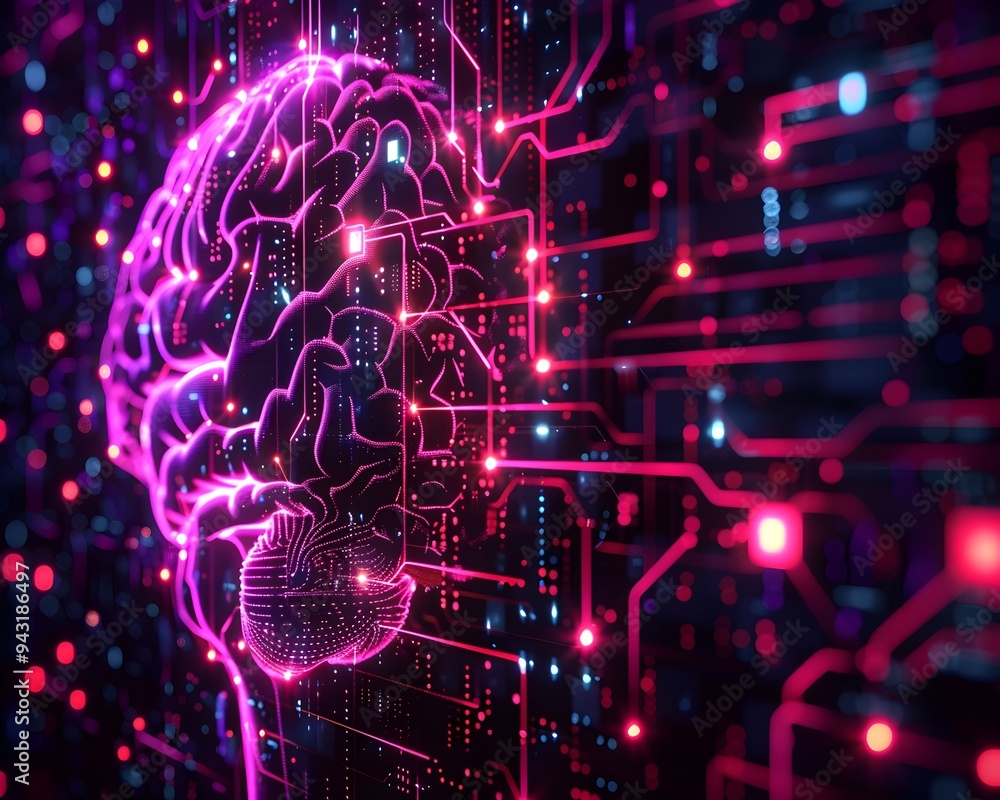 Poster digital brain with neon circuits depicting neural network connections on dark background