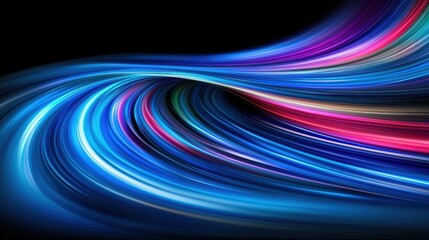 Abstract design featuring colorful flowing lines in blue, pink, and purple against a black background, conveying motion and energy.