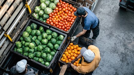 Workers unloading fresh produce from a truck at a grocery store loading dock