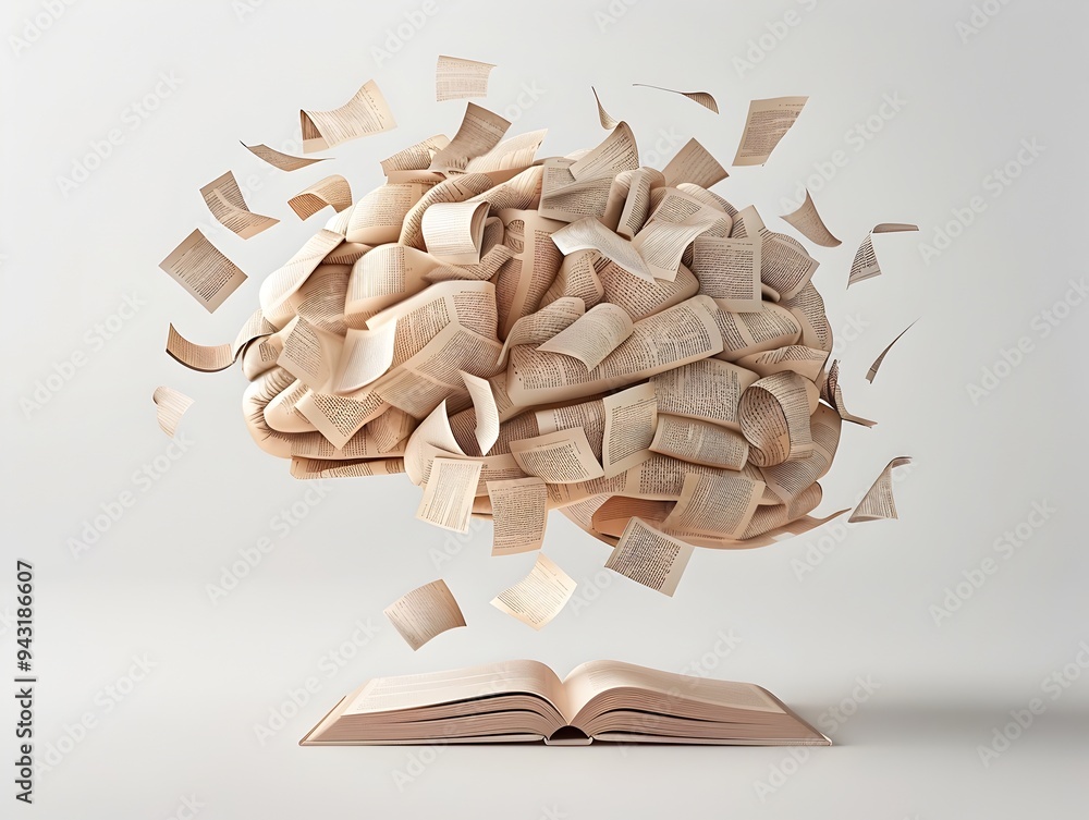 Poster brain concept made of book pages symbolizing knowledge and learning