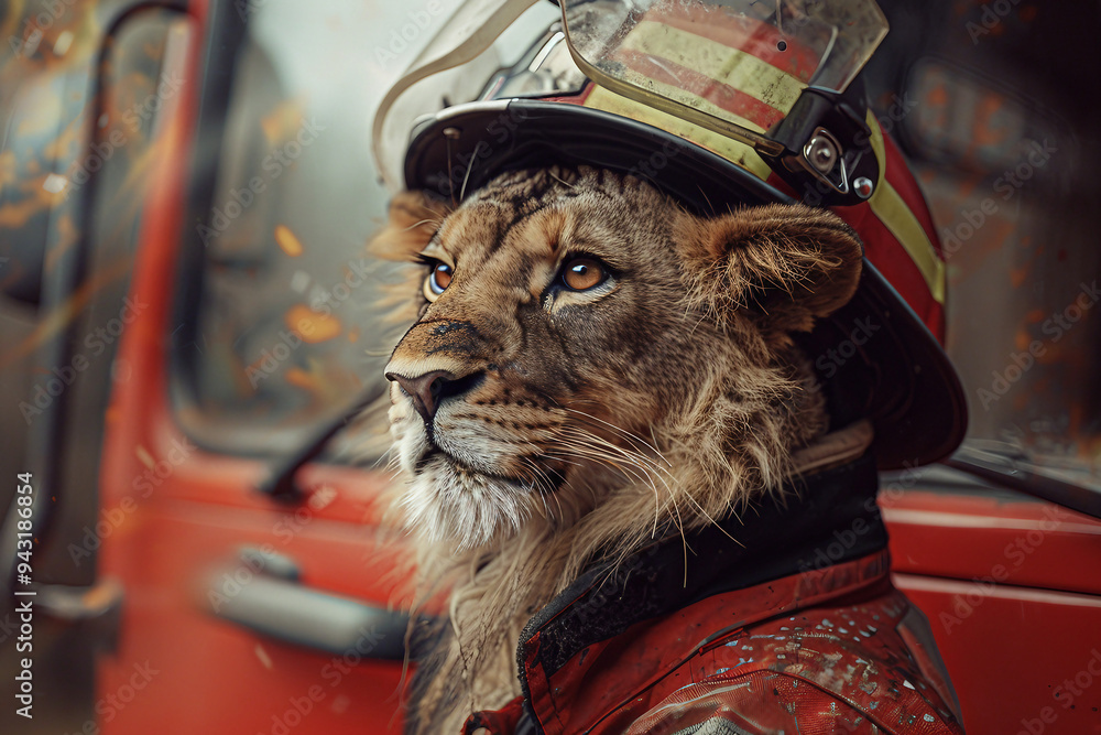 Poster created with generative ai image of a lion animal working as a firefighter