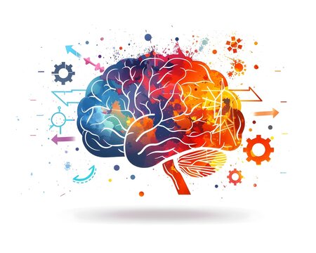 Stylized Brain with Lightning Bolts and Gears  Representing Powerful Ideas and Innovation