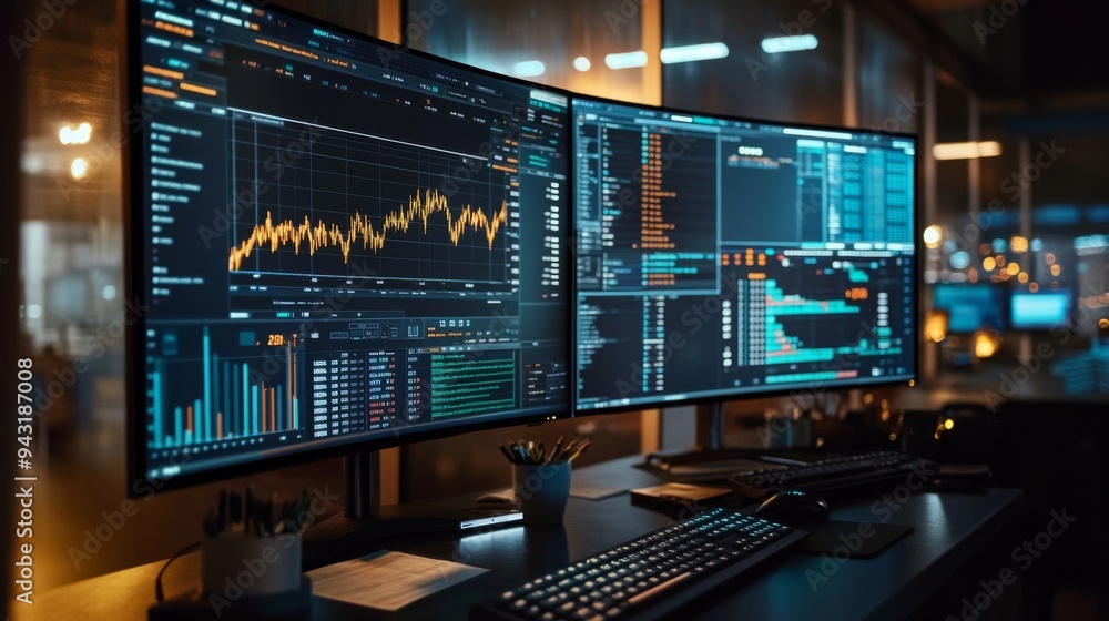 Poster A wide-angle view of a financial workspace with a focus on a gold price graph displayed on multiple monitors, with financial reports and charts.