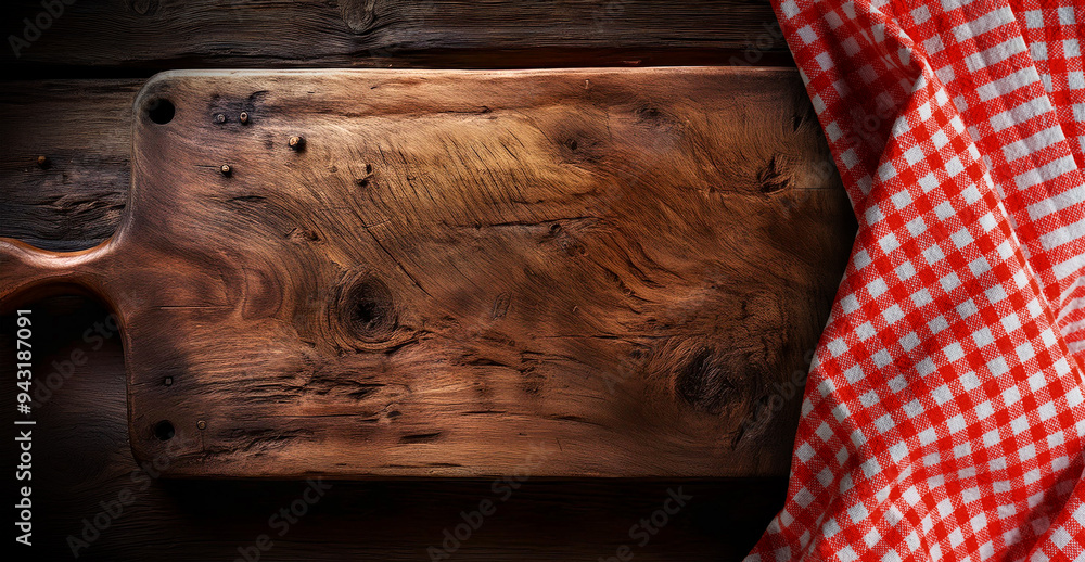 Poster close-up and top view of old wooden cutting board with a red and white checkered tablecloth on a woo