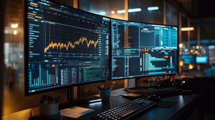 A wide-angle view of a financial workspace with a focus on a gold price graph displayed on multiple monitors, with financial reports and charts.