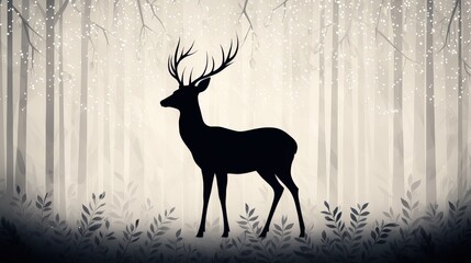 Silhouetted deer in a serene forest with twinkling lights among the trees, combined with elegant leaf patterns and a subtle, misty backdrop