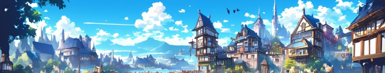 Enchanting Digital Fairytale Town: Abstract European Street Scene with Anime-Inspired Aesthetics. Conceptual Art for Novel Backgrounds, Video Game Environments, and Industrial Landscapes. Elegant Mini