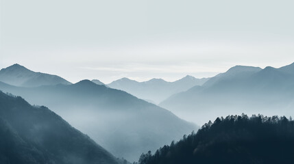 Snow-Capped Peaks and Forests in Morning Fog