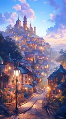 Naklejka premium Enchanting Digital Fairytale Town: Abstract European Street Scene with Anime-Inspired Aesthetics. Conceptual Art for Novel Backgrounds, Video Game Environments, and Industrial Landscapes. Elegant Mini