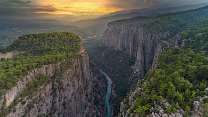 Tazi Canyon. Aerial photo with a unique sunset view from the top of the valley. Clear and...