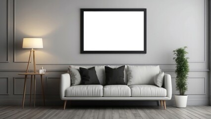 Minimalist Living Room Interior with White Sofa, Black Frame, and Plant