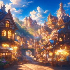 Naklejka premium Enchanting Digital Fairytale Town: Abstract European Street Scene with Anime-Inspired Aesthetics. Conceptual Art for Novel Backgrounds, Video Game Environments, and Industrial Landscapes. Elegant Mini
