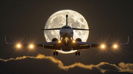 Silhouette of a Private Jet Landing In Front of a Full Moon at Night with Bright Landing Lights